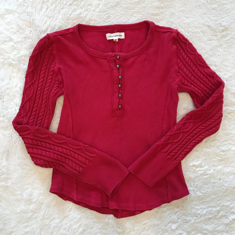 Lucky Brand Women's Red Cable-Sleeve Henley Top